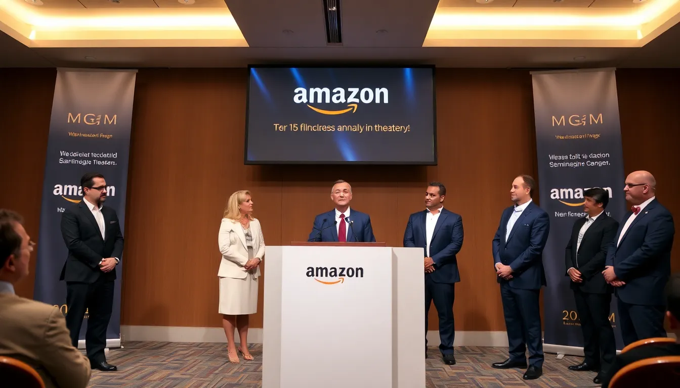 A bustling cinema lobby filled with eager moviegoers, reflecting the excitement surrounding Amazon MGM's commitment to regular theatrical releases
