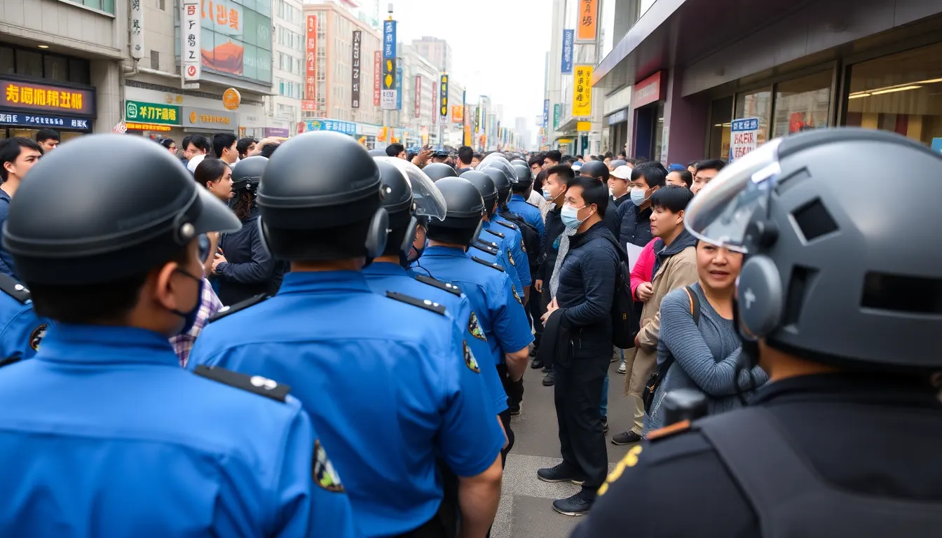 A crowd gathers in a busy Seoul street as police officers manage the scene following the sentencing of an American YouTuber for public nuisance.