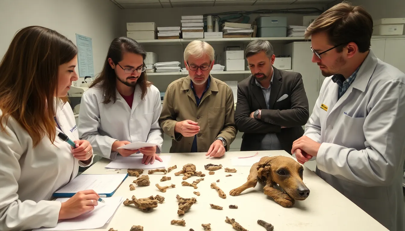A group of researchers examines ancient dog remains in a laboratory, highlighting the significance of new genetic findings that suggest early humandog relationships predated the development of farming.