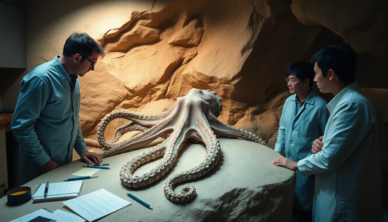 A visual representation of fossilized remains of the giant octopus, revealing insights into the evolutionary history and adaptations of cephalopods over millions of years
