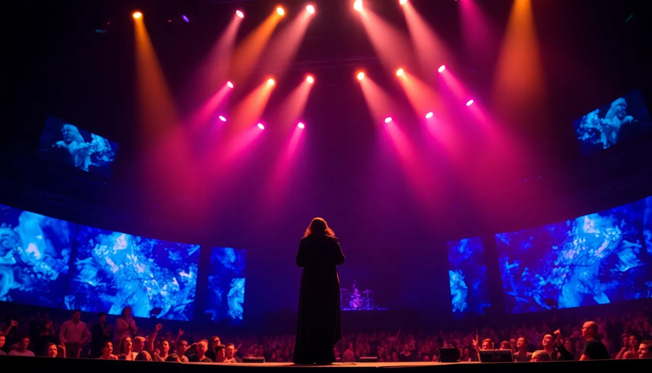 Anohni performs on stage, captivating the audience with her powerful voice and emotional delivery while surrounded by striking visual elements that enhance the experience.