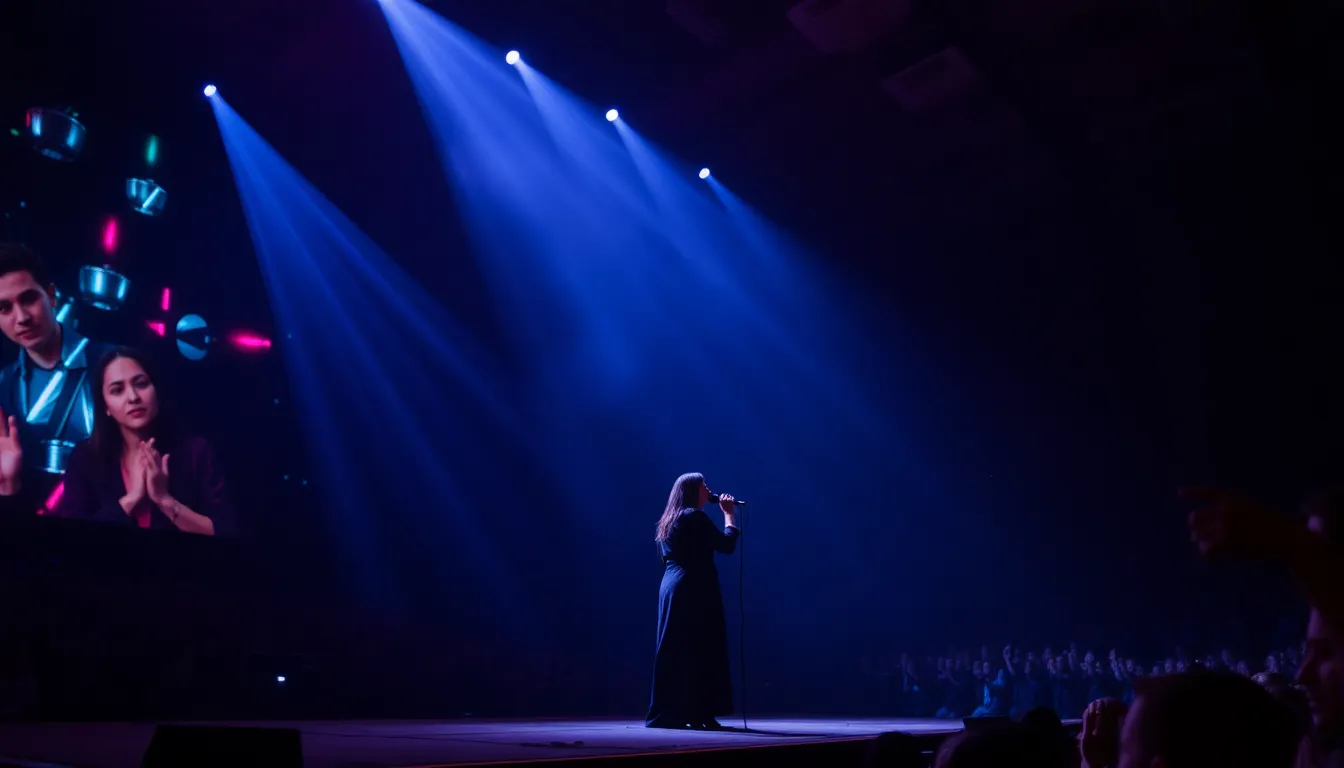 A closeup of Anohni passionately singing, embodying the emotional depth and political themes present in her music