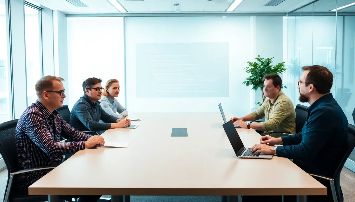 A group of developers and industry experts gather around a conference table, discussing the implications of the recent source code leak of Anthropic's AI software engineering tool, Claude.