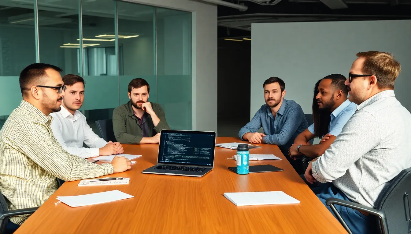 A diverse team collaborating around a table, highlighting the potential for innovation and creativity sparked by the recent release of Claude's source code