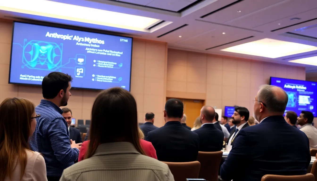 A group of cybersecurity professionals discusses the potential impact of Anthropic's new AI model, Mythos, during a conference presentation.