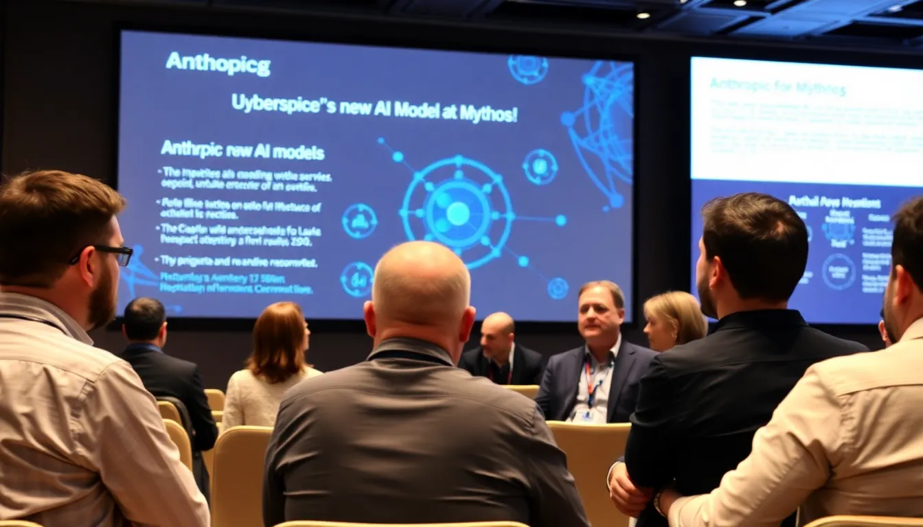 Professionals from various sectors discussing the implications of AI technologies like Mythos on cybersecurity strategies during a conference