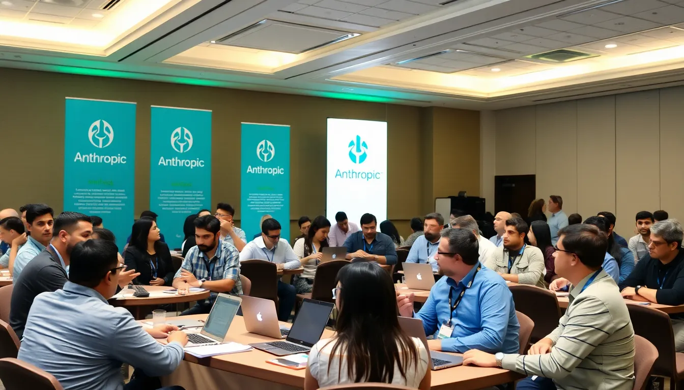 A group of tech industry professionals gathers at a conference to discuss the implications of Anthropic's newly launched AI tool, highlighting its potential impact on various sectors.