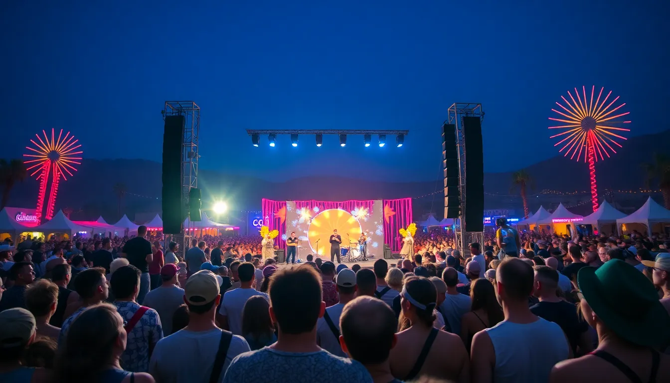 A crowd of excited festivalgoers gathers around the stage at Coachella as Anyma and Marlon Hoffstadt prepare for their surprise performance, creating an electric atmosphere filled with anticipation.