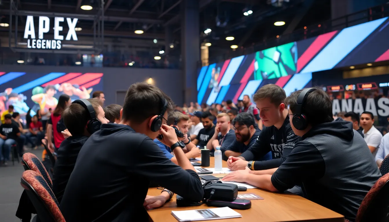 A group of esports players discusses strategies during a tense moment in a competitive Apex Legends tournament, with the audience visibly engaged in the background.