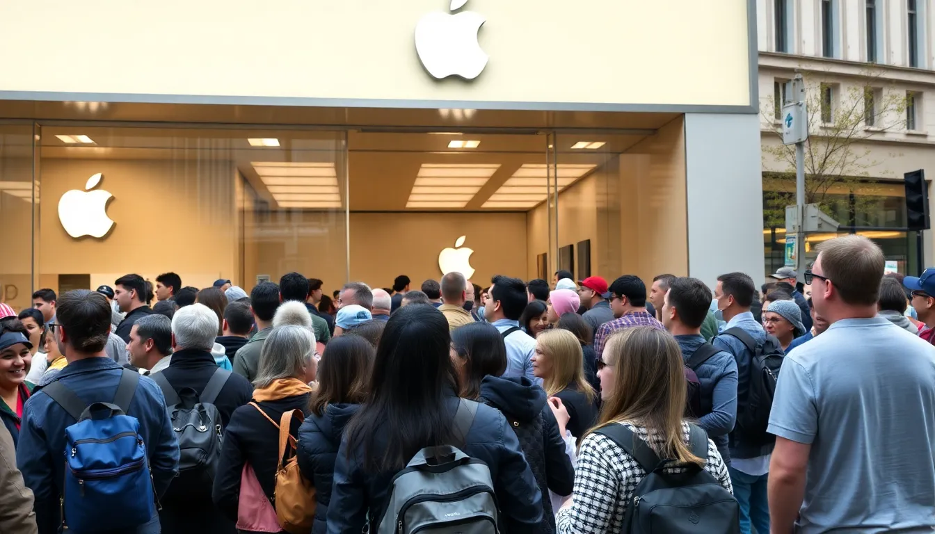 A crowd gathers outside an Apple store, eagerly waiting to celebrate the company's 50th anniversary with special events and product showcases.