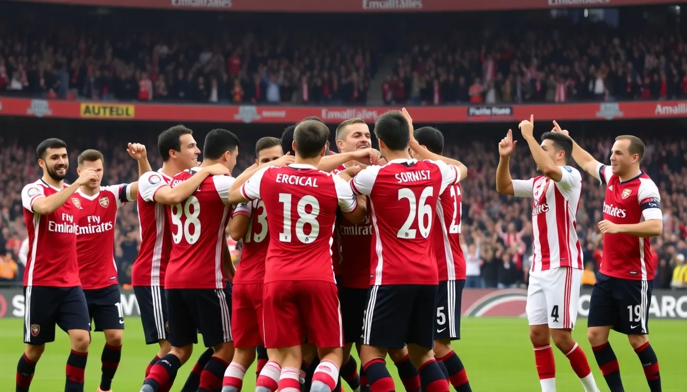 Arsenal and Atlético Madrid players celebrate after a thrilling 22 draw at the Emirates Stadium, with fans cheering in the background.