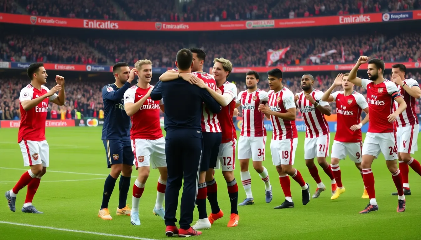 Arsenal players executing a quick, intricate passing sequence in an attempt to break through Atlético's defense