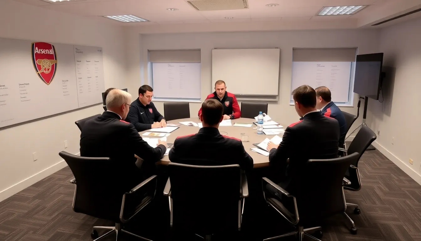 Arsenal's management is seen discussing transfer strategies in a meeting room, with documents and player statistics spread out on the table.