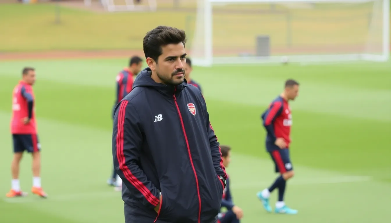 Arsenal manager Mikel Arteta stands confidently on the sidelines during a training session, surrounded by players as they prepare for the upcoming season.