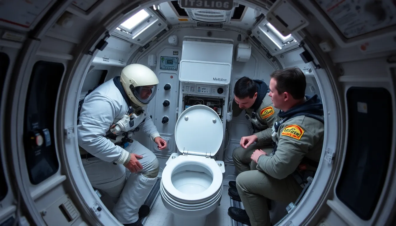 Astronauts aboard the Orion spacecraft are seen troubleshooting a malfunctioning toilet system during the Artemis II mission, highlighting the challenges of maintaining proper sanitation in space.