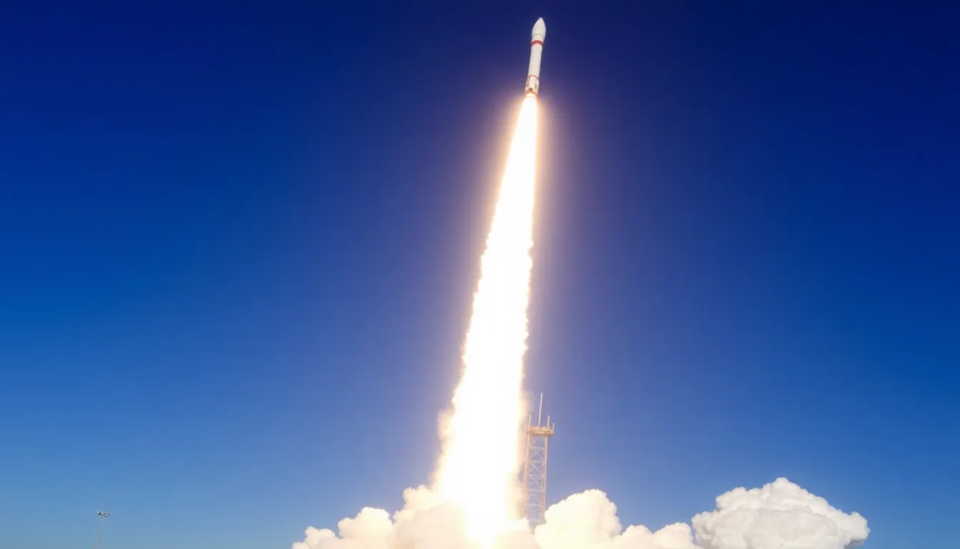 NASA's Artemis II mission launches from Kennedy Space Center, with a bright plume of smoke and fire trailing behind as it ascends into the sky.