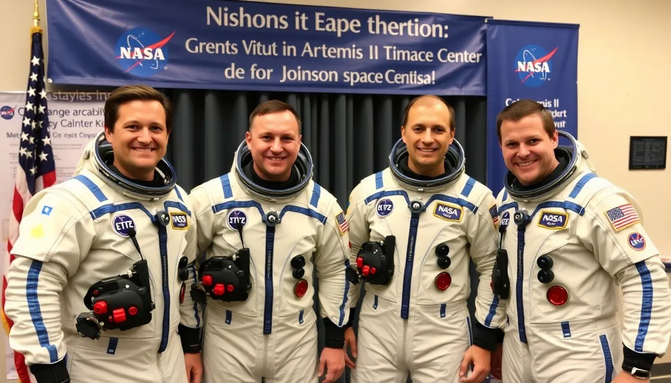 Four astronauts aboard the Orion spacecraft celebrate the successful completion of the Artemis II mission during a press conference at NASA's Johnson Space Center.