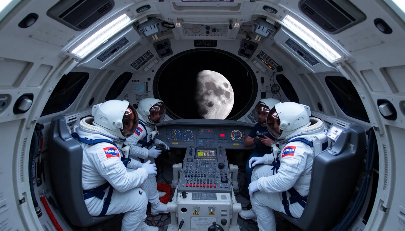 Four astronauts in flight suits conduct final checks aboard the Orion spacecraft as they prepare for the Artemis II mission to the far side of the moon.