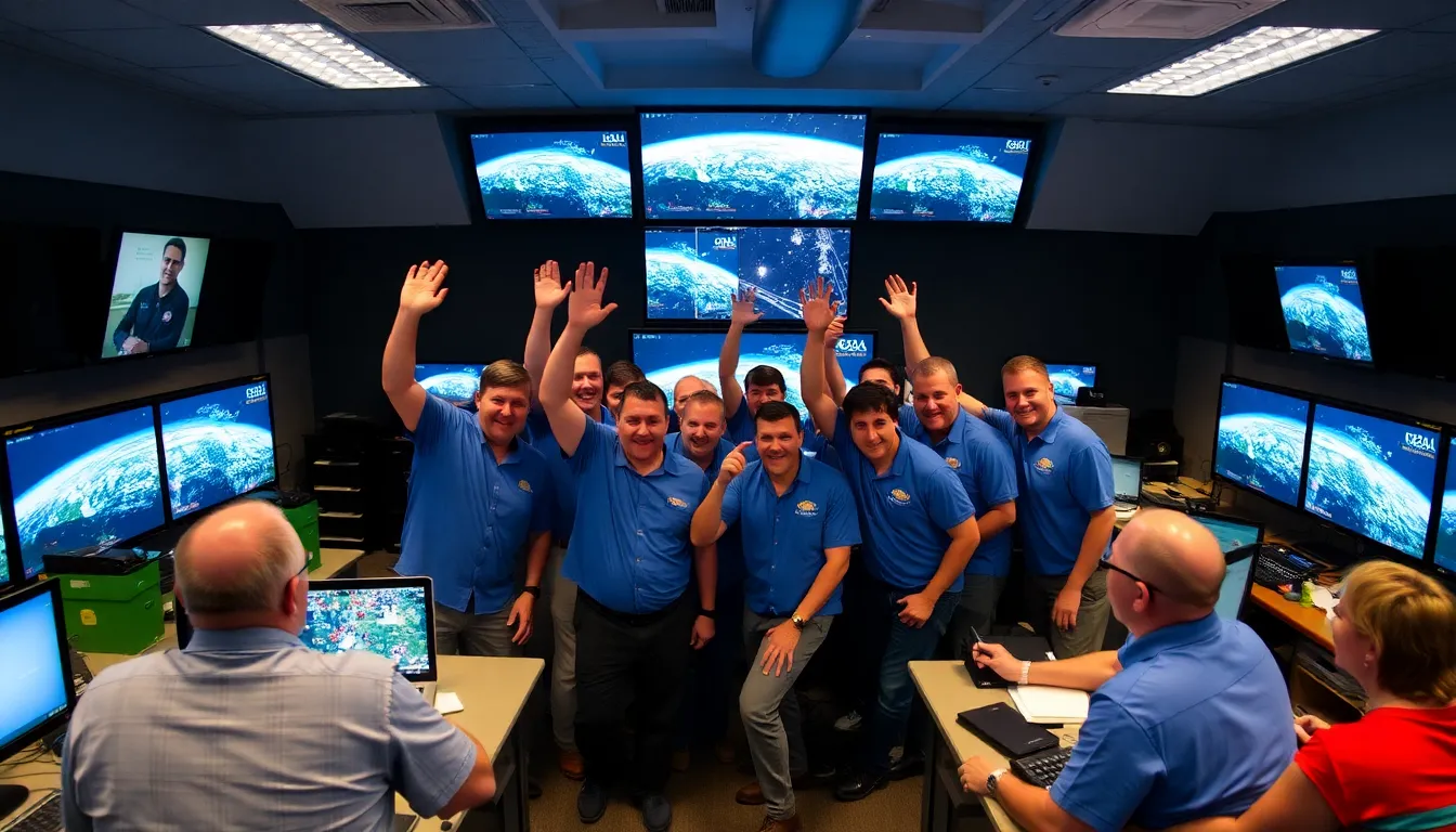 The Artemis II crew celebrates their recordbreaking distance achievement aboard the Orion spacecraft, surrounded by control room personnel monitoring their progress on screens.