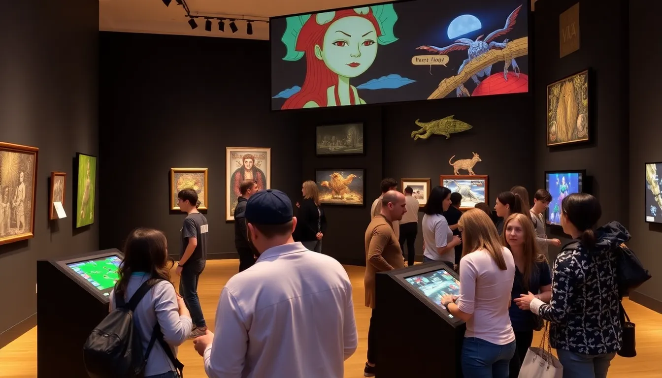 Visitors interact with various playable video games at the V&A's exhibition, surrounded by artworks that highlight the cultural significance of gaming.