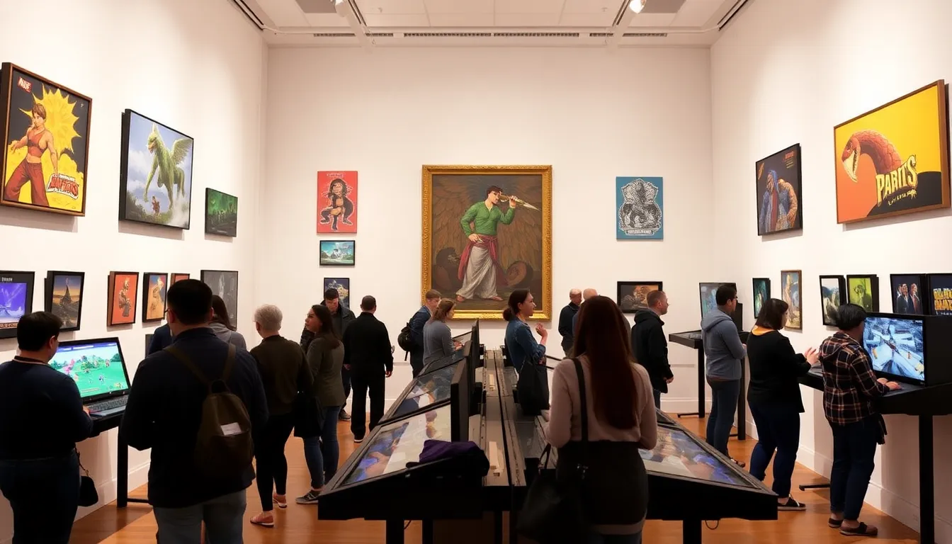 An interactive installation inviting visitors to engage with video games, highlighting the blend of creativity and technology in contemporary art