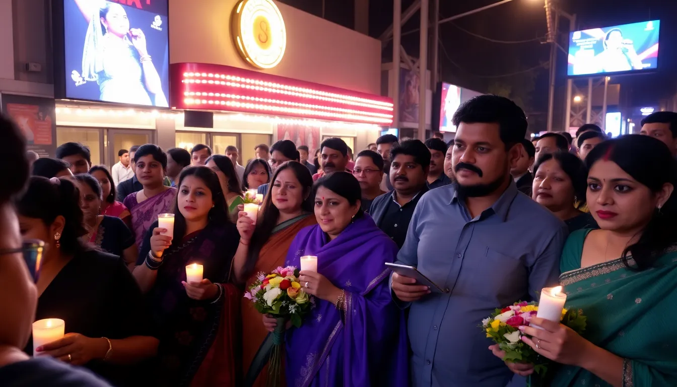 Fans gather outside a music venue holding candles and flowers in tribute to Asha Bhosle, mourning the loss of the legendary playback singer.