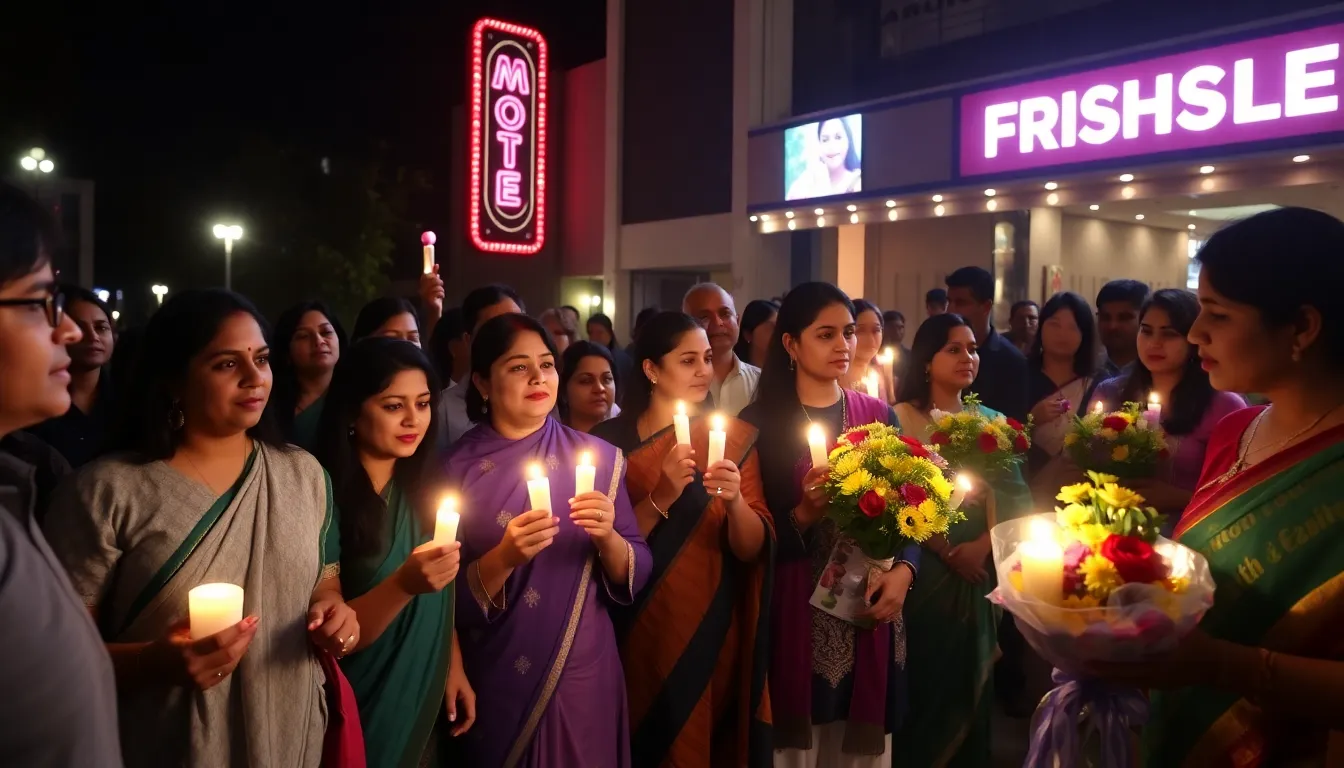 Fans gather outside a music venue, holding candles and flowers in tribute to Asha Bhosle, mourning the loss of the legendary playback singer who shaped Bollywood music for decades.