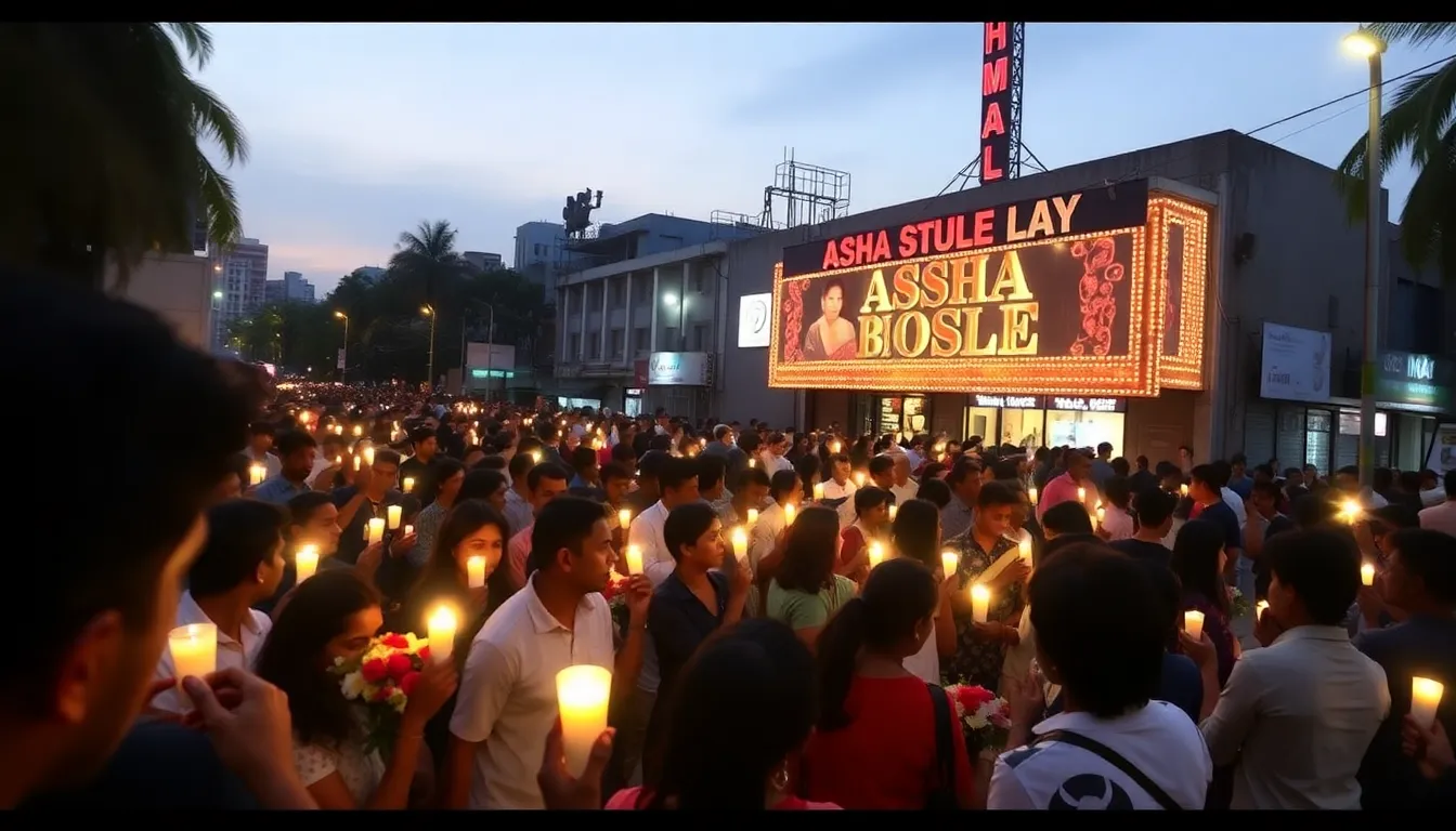 A large crowd gathers outside a music venue in Mumbai, holding candles and flowers to pay tribute to Asha Bhosle, celebrating her life and contributions to Indian music.