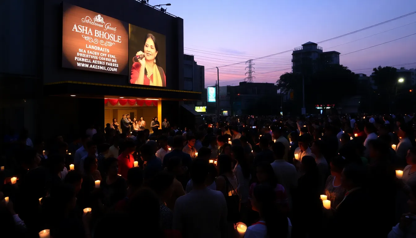 Fans gathering to pay tribute to Asha Bhosle, holding candles and flowers, reflecting on her profound impact on music and Bollywood culture