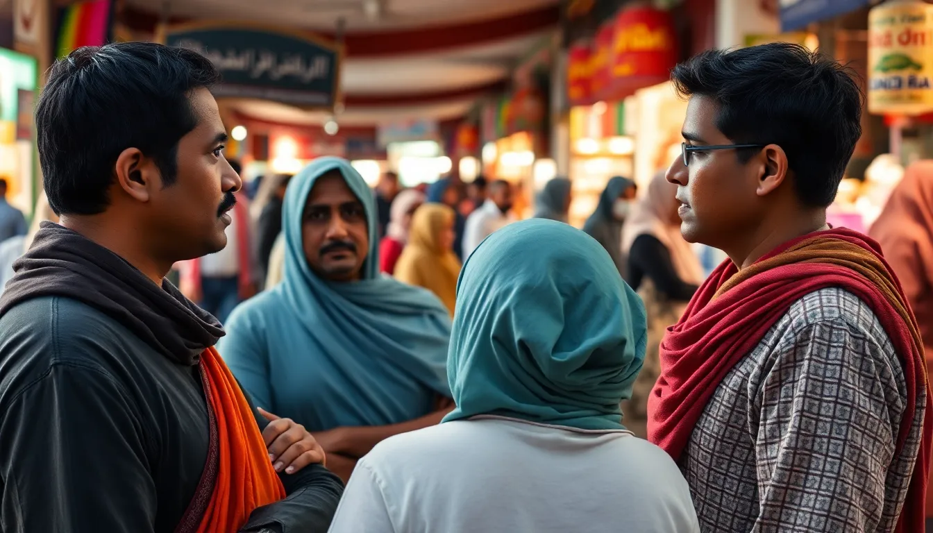 Migrant workers from South Asia gather in a bustling market in the Gulf, discussing their concerns about job security amid rising tensions in the Middle East.