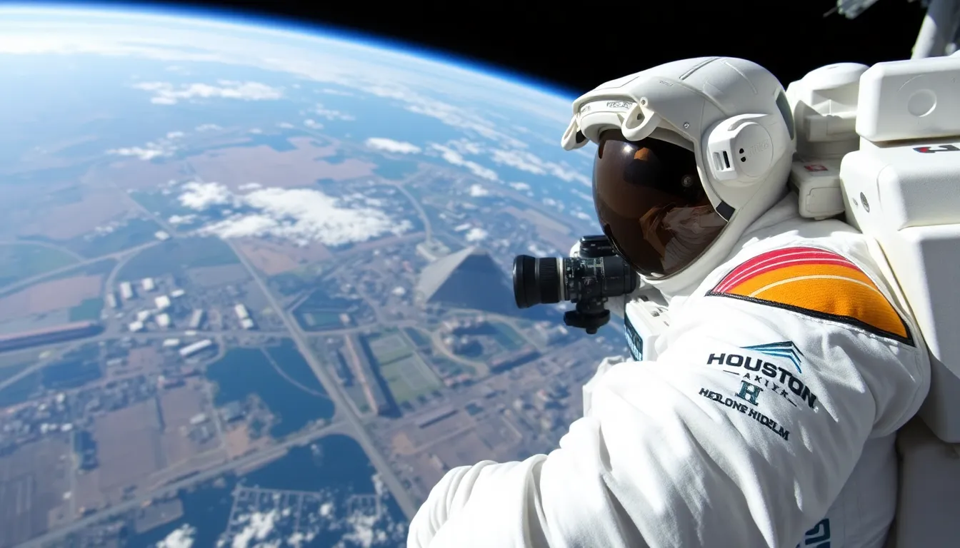 The vibrant colors of Earth are visible beneath the astronaut's unique perspective, highlighting the beauty of the planet alongside the university's location