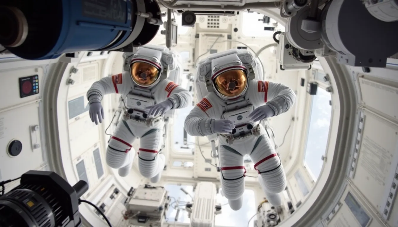 Astronauts float inside the International Space Station, surrounded by scientific equipment as they conduct experiments and perform maintenance tasks during their tenday mission.
