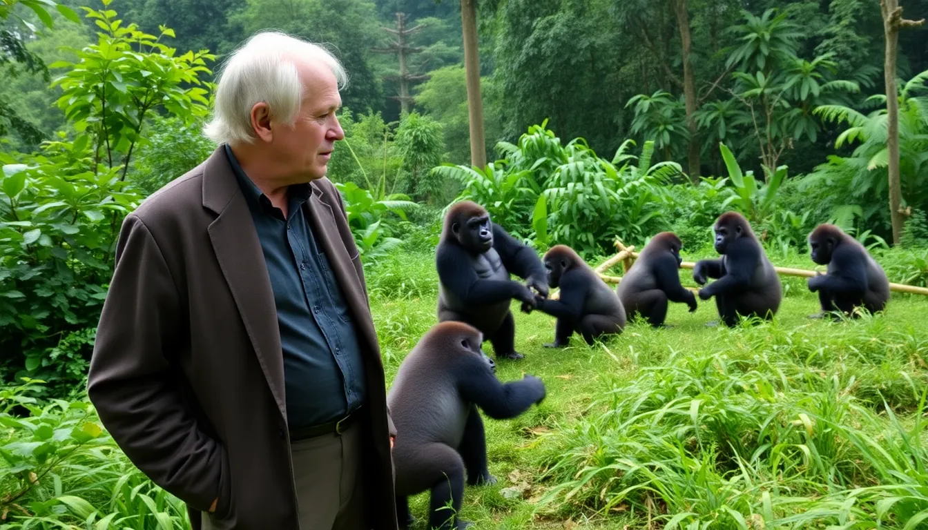 Sir David Attenborough stands in a lush green forest, surrounded by a group of mountain gorillas, as they interact playfully in their natural habitat.