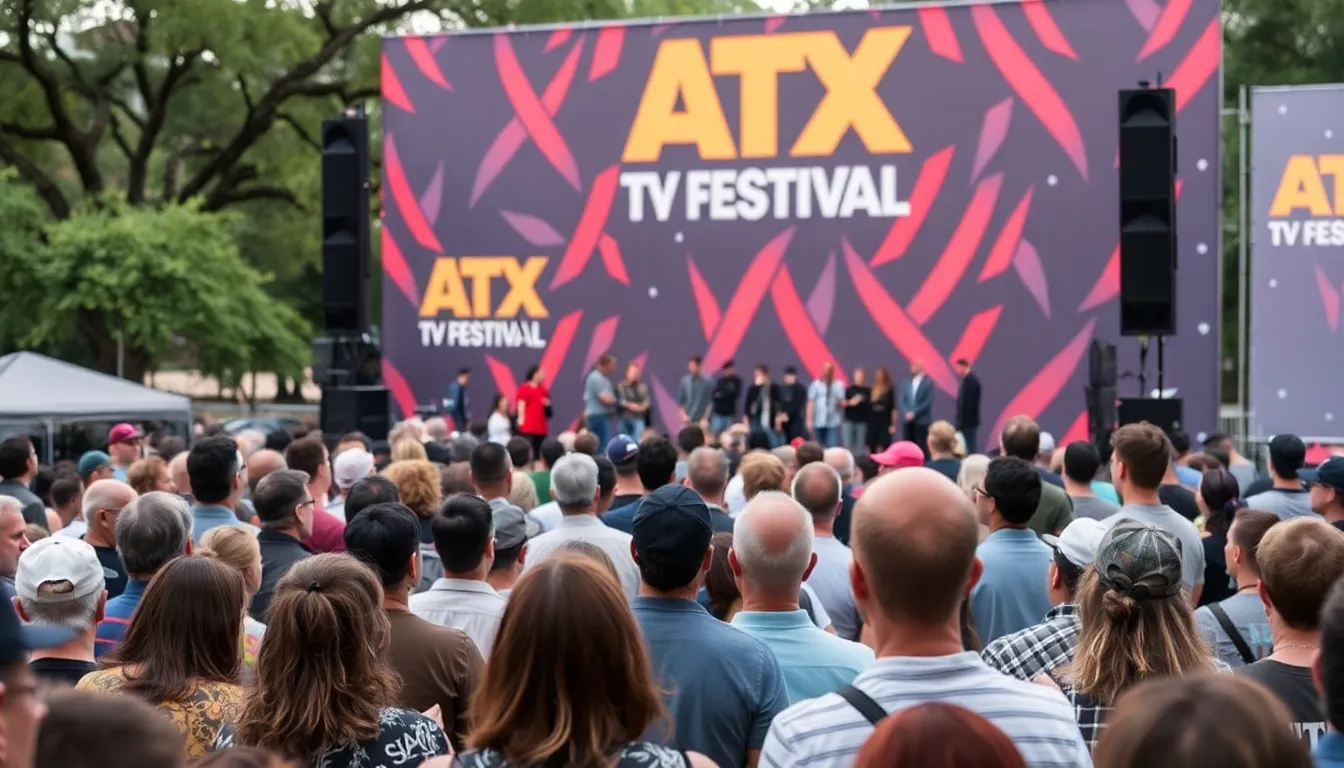 A diverse group of attendees engages in animated discussions during the festival, highlighting the vibrant community of creators and industry professionals coming together to celebrate television