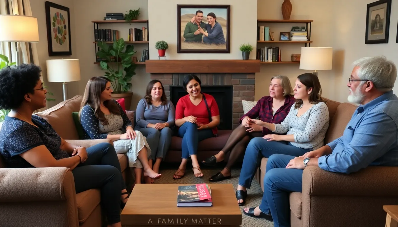 A group of diverse individuals gathers in a cozy living room, engaged in a heartfelt discussion about the themes of homophobia and divorce as highlighted in the audiobook A Family Matter by Claire Lynch.
