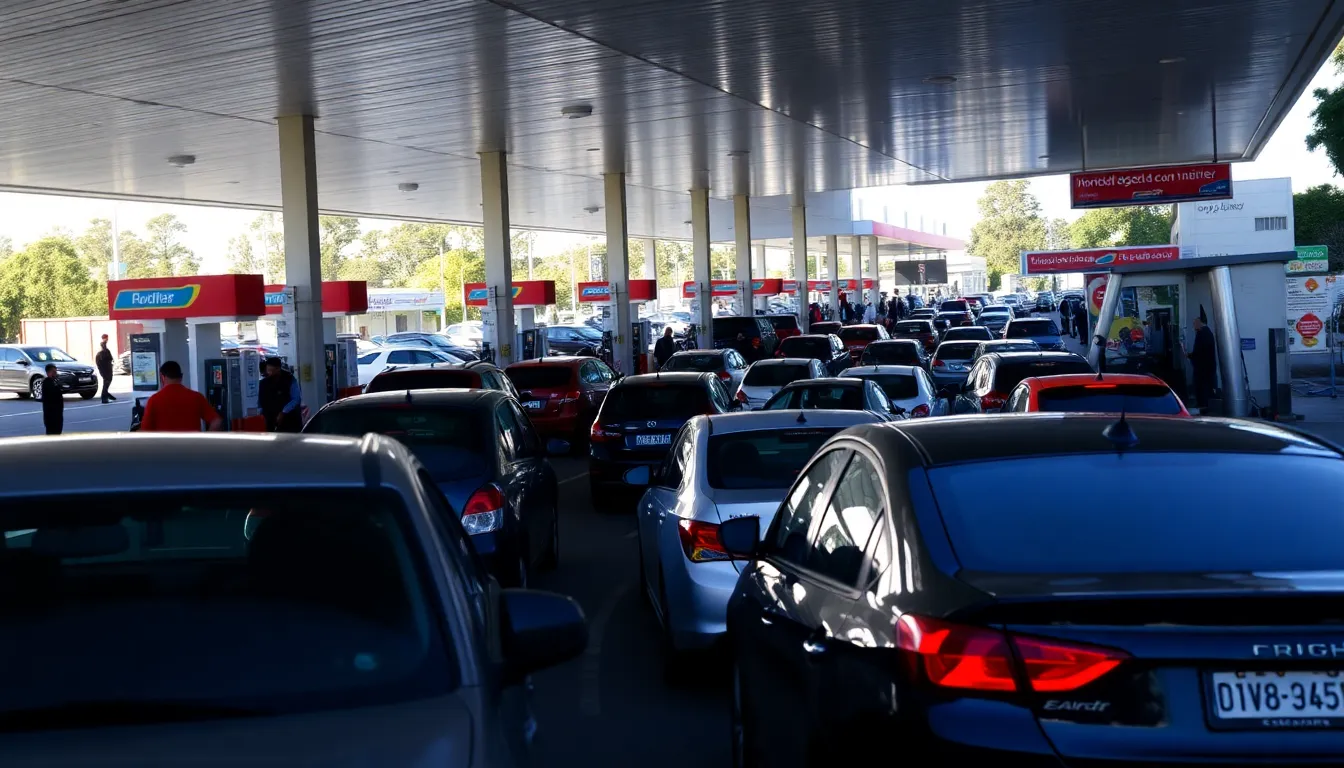A crowded service station in Sydney shows long lines of cars waiting to refuel amid rising petrol prices and supply disruptions.