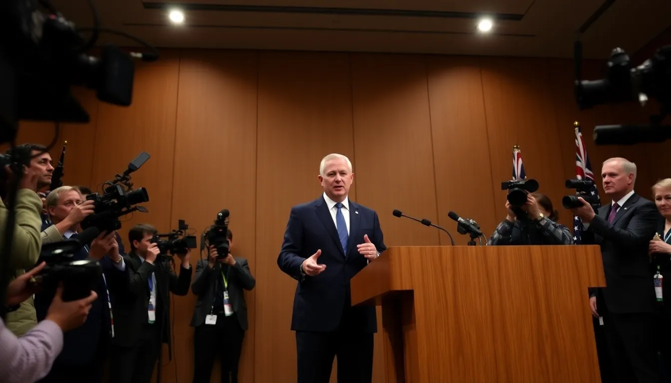 Australia's Prime Minister speaks at a podium during a press conference, addressing the economic impacts of the Iran conflict while reporters and cameras gather around.