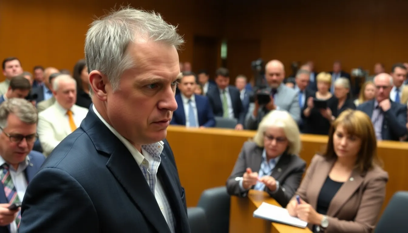 A courtroom scene shows an Australian man standing before a judge as he pleads guilty to charges related to the creation of deepfake pornography, with reporters and legal representatives present.