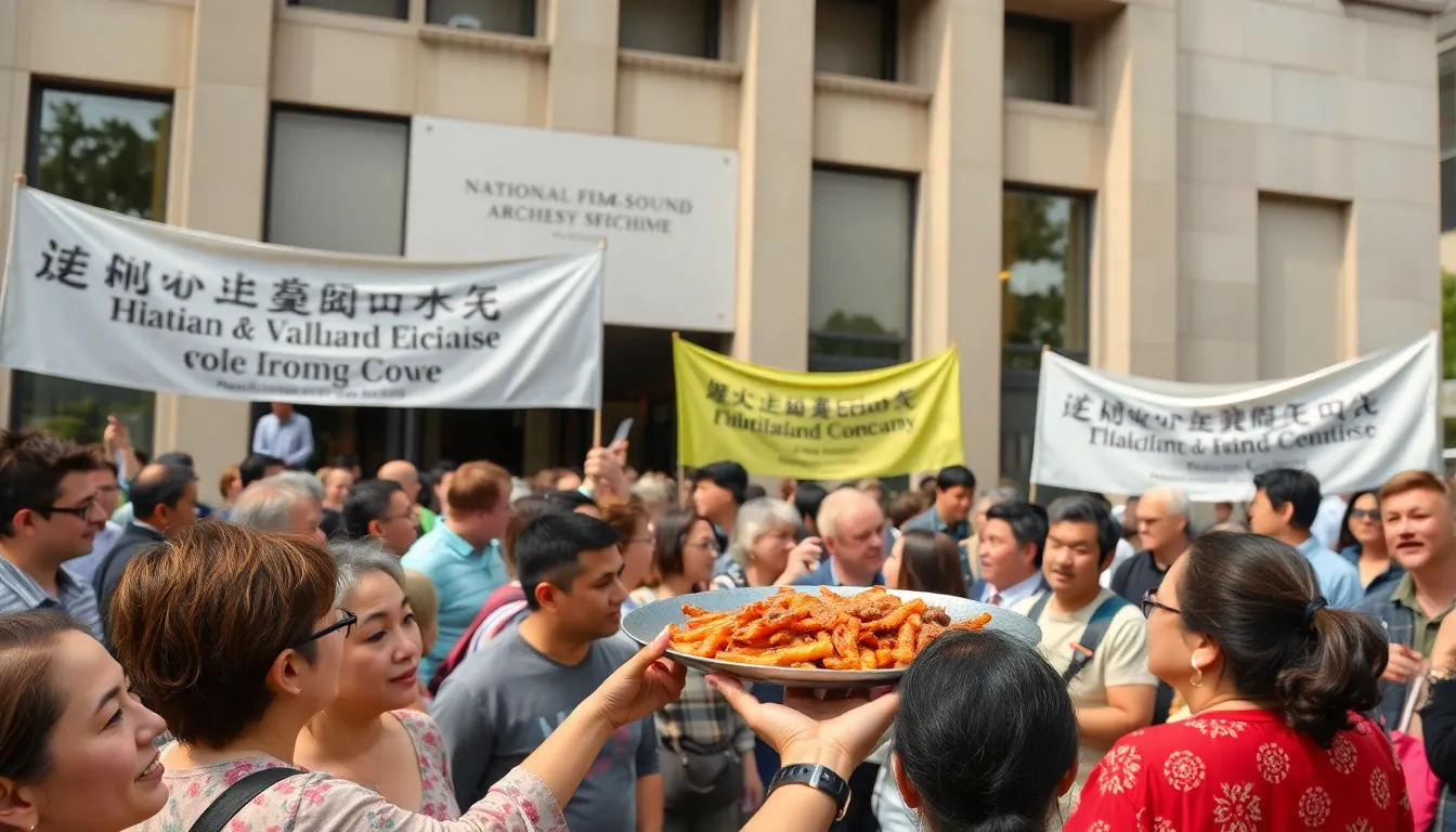 A crowd gathers outside the National Film and Sound Archive of Australia to celebrate the preservation of the iconic quote "A succulent Chinese meal" as a significant cultural artifact.