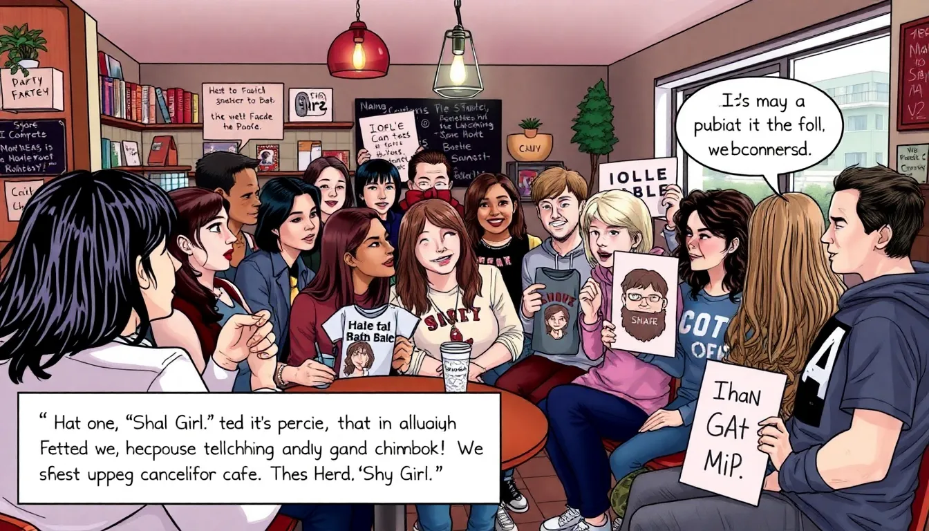 A group of fans gathers at a local café, discussing their reactions to the cancellation of the webcomic 'Shy Girl,' with some holding up their favorite merchandise while others express their support for the creator's mental health.