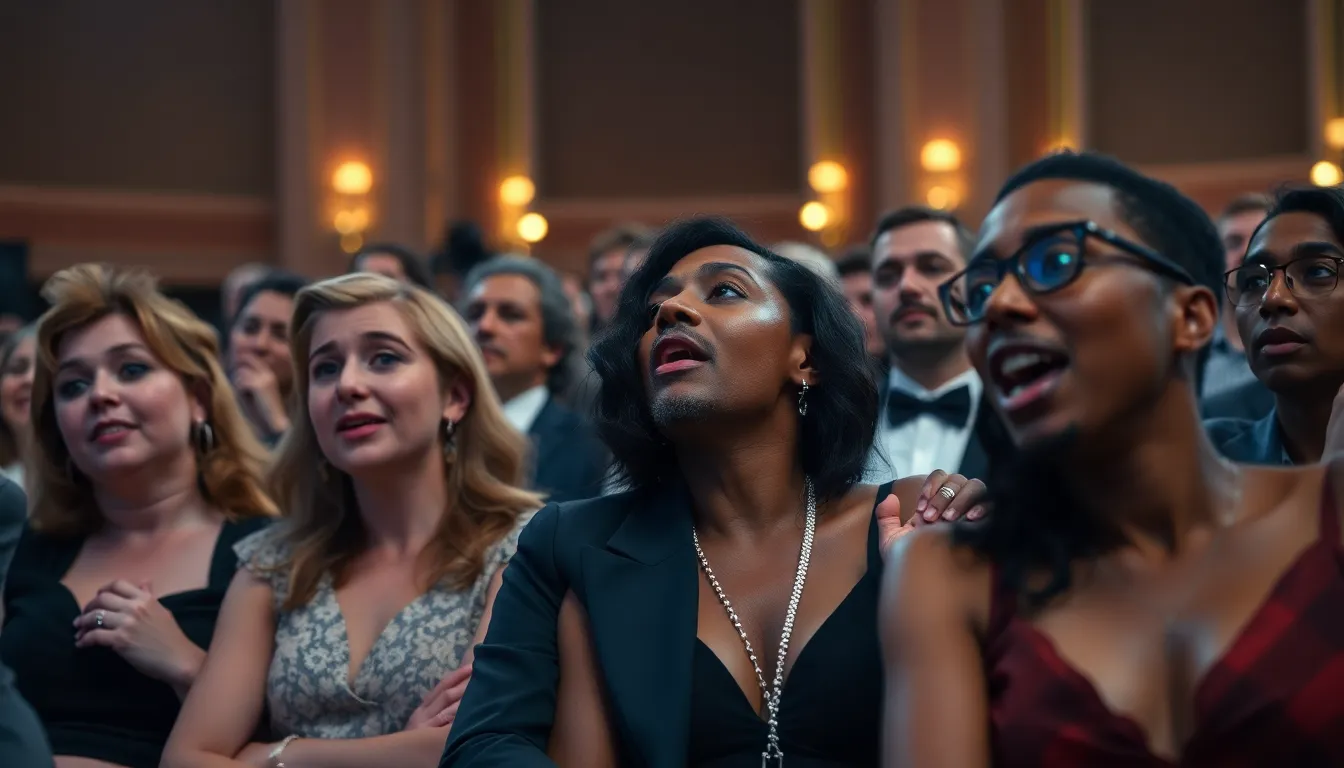 A group of attendees at a Bafta awards ceremony reacts with shock and concern after a racial slur is shouted from the audience, highlighting the need for improved safety measures at the event.