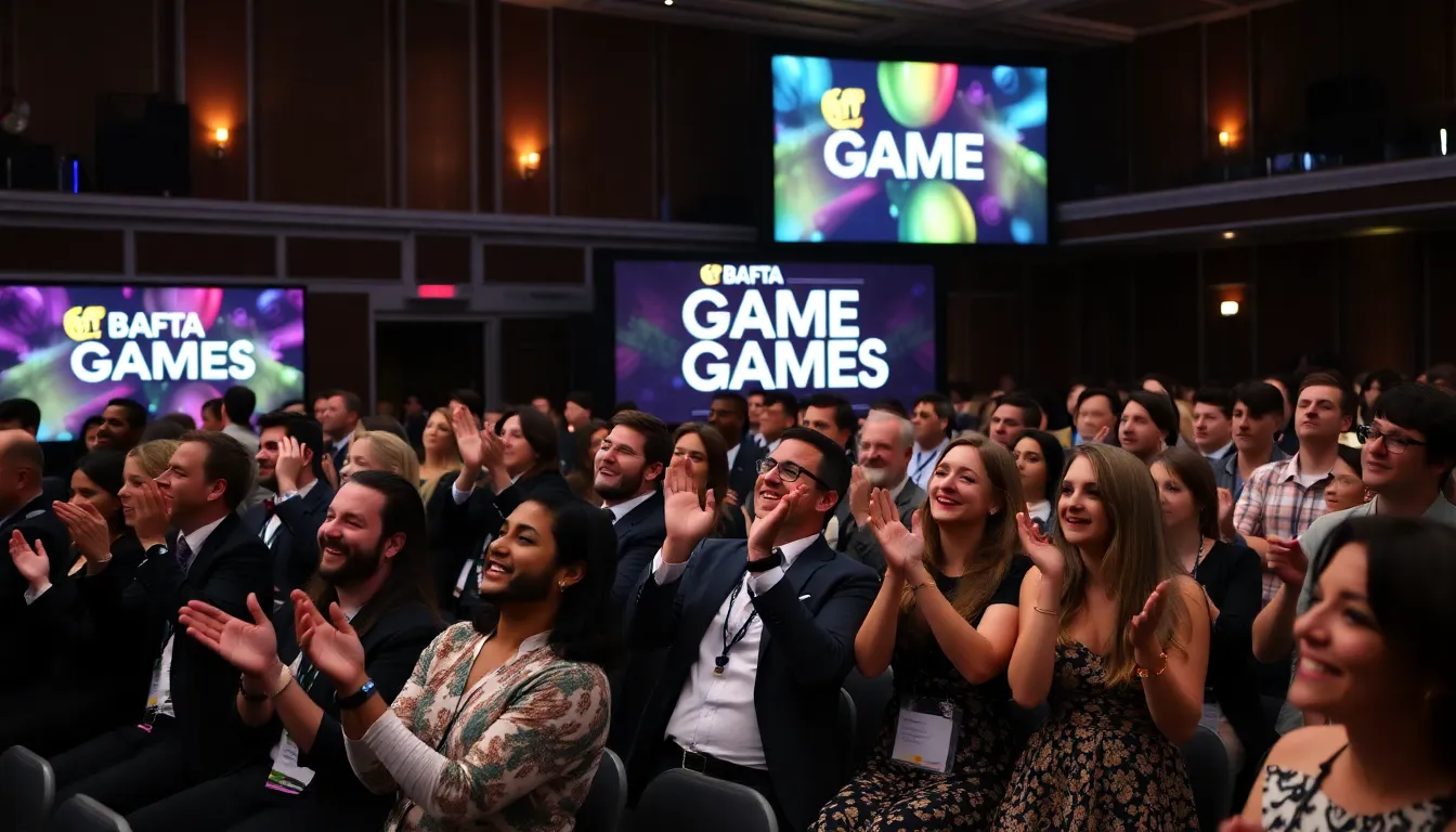 A group of industry professionals and game developers gather at the BAFTA Games Awards ceremony, applauding as the winner of Best Game is announced, highlighting the importance of artistic achievement in gaming.