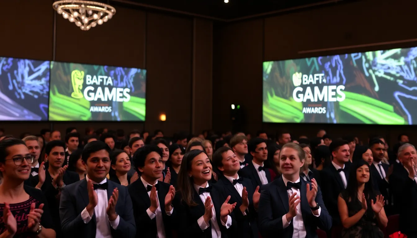 A diverse group of game developers celebrating their recognition at the BAFTA Games Awards, highlighting the importance of creativity in gaming
