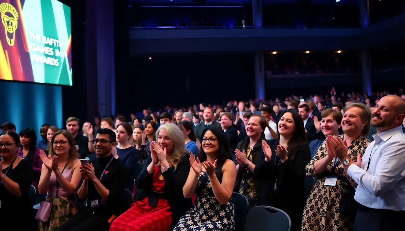 An awardwinning game displayed on stage, showcasing its artistic achievements and narrative depth to an engaged audience