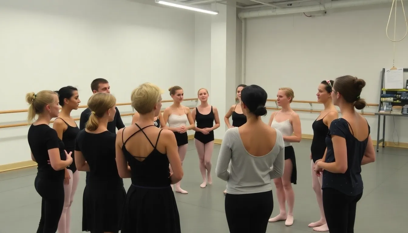 A group of former ballet dancers participates in a career counseling workshop, discussing their experiences and exploring new professional opportunities.