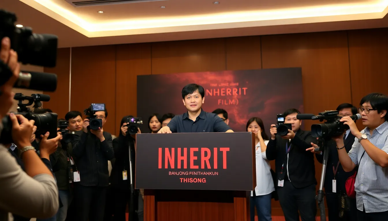 Banjong Pisanthanakun speaks at a press conference announcing his new horror film Inherit, surrounded by reporters and cameras.