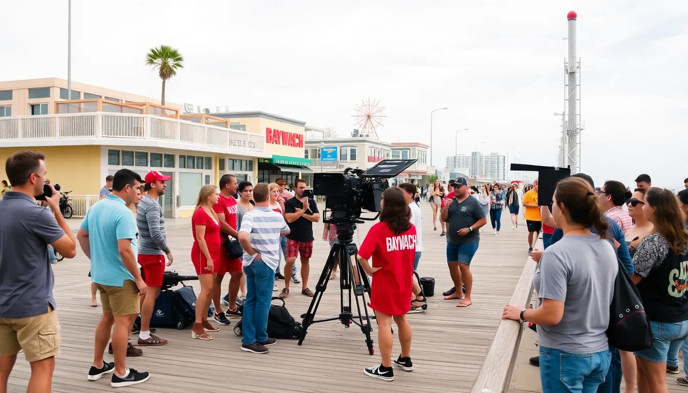 Cast and crew members of Baywatch are seen setting up filming equipment along the bustling Venice Beach boardwalk, surrounded by fans eager to catch a glimpse of the production.