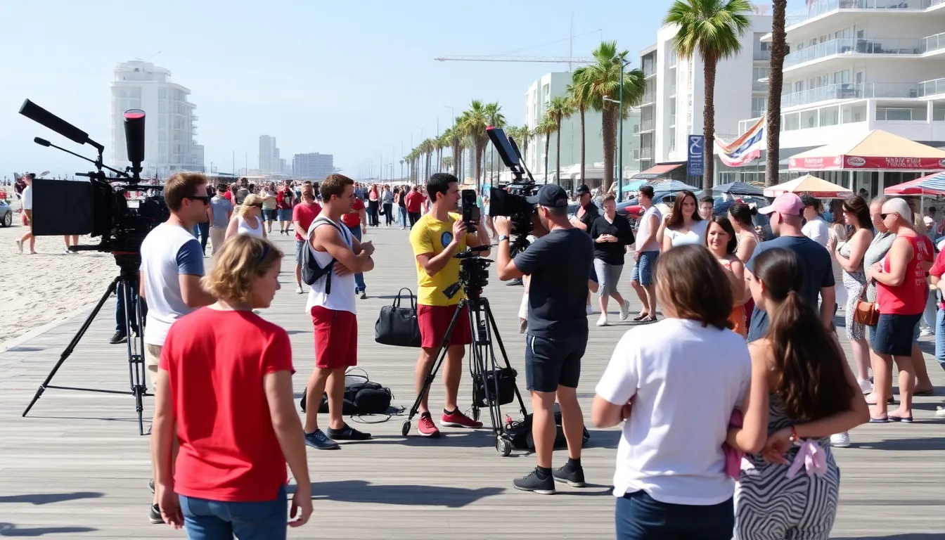 Key cast members of 'Baywatch' engaging with enthusiastic onlookers as production unfolds along the scenic coastline