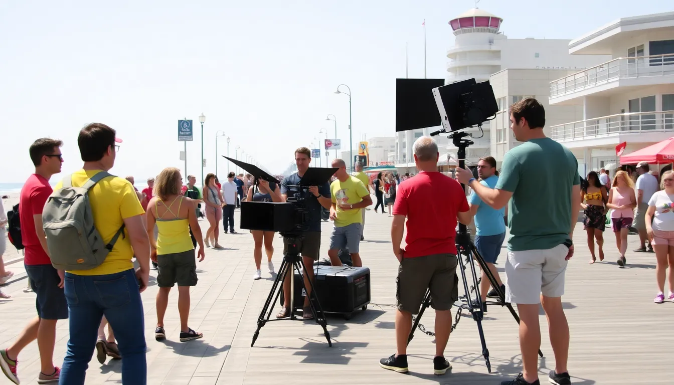 The vibrant atmosphere of Venice Beach, showcasing street performers and local vendors amidst the excitement of the film crew's presence