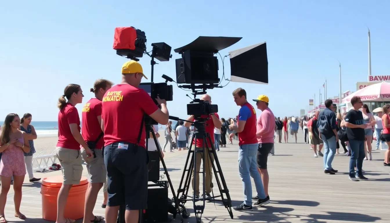 A picturesque view of the ocean waves crashing against the shore, serving as a stunning backdrop for the ongoing 'Baywatch' production